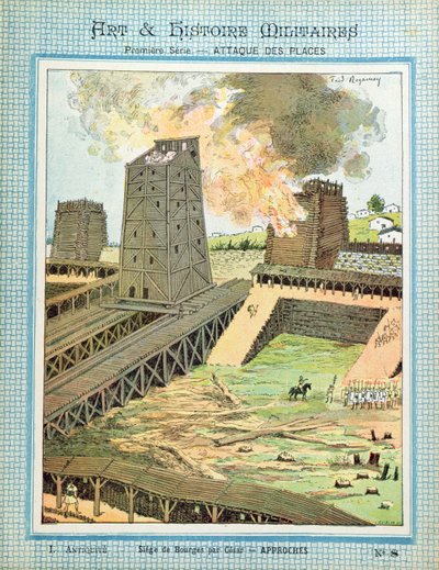 Die Belagerung von Bourges während der Invasion Galliens durch Julius Caesar (100-44 v. Chr.) aus einem Schutzumschlag für Schulbücher, Ende 19. Jahrhundert von Frederic Regamey